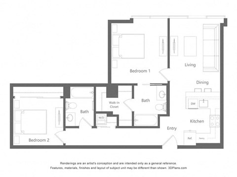 Floor plan for 1 bed, 1 bath, 968 sqft